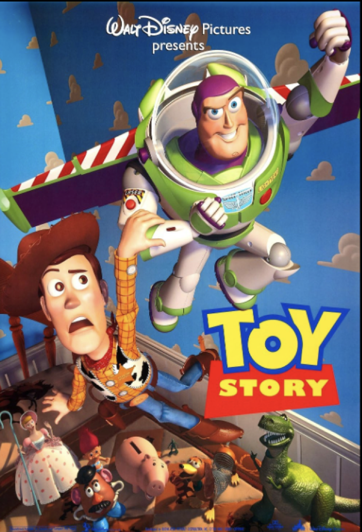 L'affiche de Toy Story montre Buzz l'Éclair volant au-dessus de Woody dans la chambre d'un enfant, avec d'autres personnages emblématiques de Toy Story comme Rex, M. Potato Head et Hamm rassemblés sur le sol.