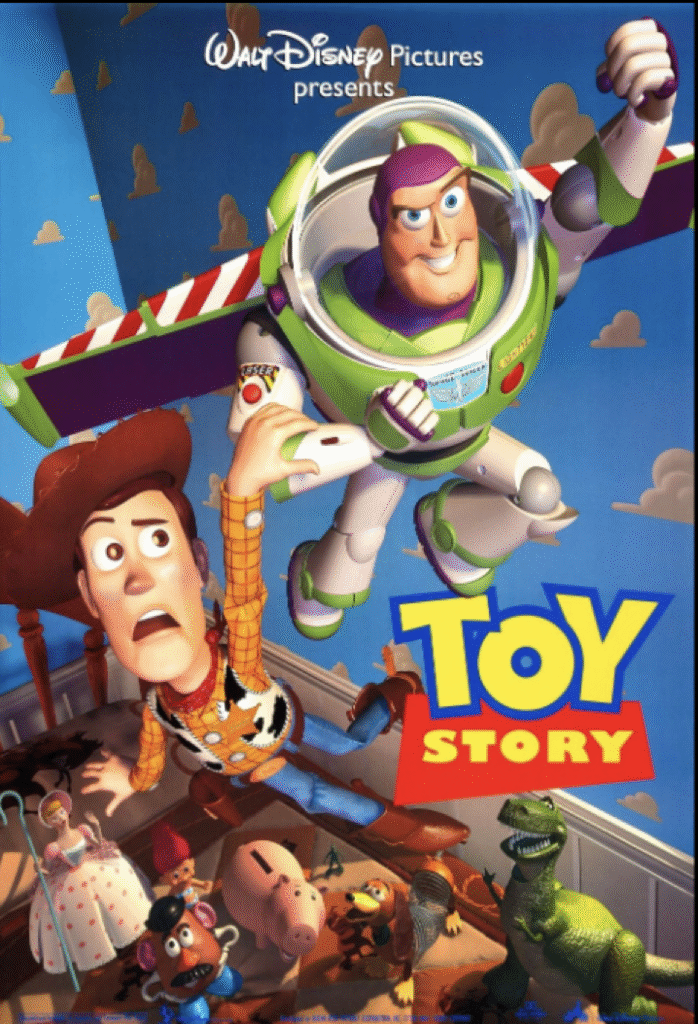 Affiche Toy Story mettant en vedette Woody et Buzz l'Éclair dans une chambre d'enfant avec d'autres personnages de jouets ; les nuages classiques de Toy Story et le papier peint ciel bleu créent une scène ludique.