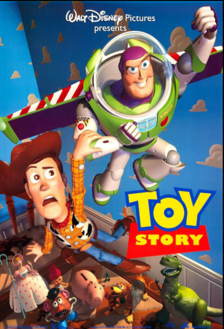 Affiche Toy Story mettant en vedette Woody et Buzz l'Éclair dans une chambre d'enfant avec d'autres personnages de jouets ; les nuages classiques de Toy Story et le papier peint ciel bleu créent une scène ludique.