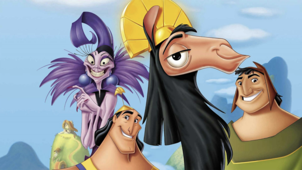 Les personnages animés de « Kuzco, l'empereur mégalo » créent un monde parfait avec un lama, un homme en tunique verte et une femme en tenue violette sur fond de ciel bleu et de paysage montagneux.
