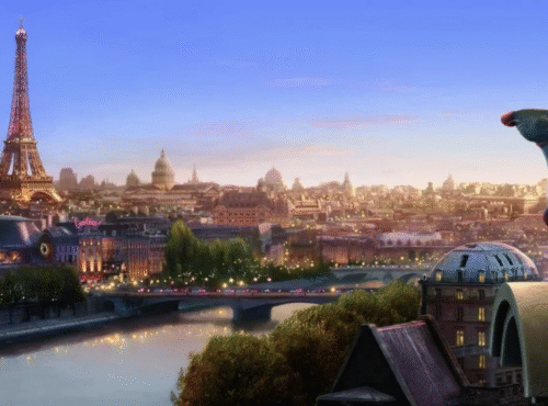 Un rat animé est assis sur un toit surplombant la Seine et la Tour Eiffel au coucher du soleil, tandis que "Le Festin" joue doucement en arrière-plan du paysage urbain stylisé de Paris.