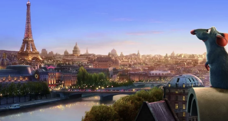 Un rat animé est assis sur un toit surplombant la Seine et la Tour Eiffel au coucher du soleil, tandis que "Le Festin" joue doucement en arrière-plan du paysage urbain stylisé de Paris.