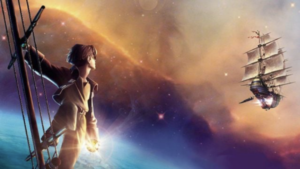 Un jeune homme libre tenant une sphère lumineuse se tient sur un navire futuriste, regardant un voilier lointain dans l'espace sur fond cosmique coloré.