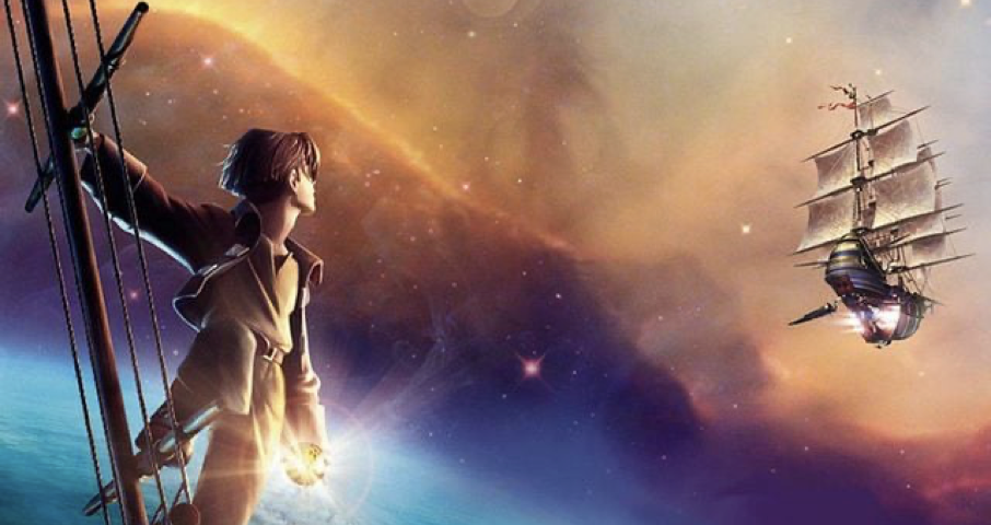 Un jeune homme libre tenant une sphère lumineuse se tient sur un navire futuriste, regardant un voilier lointain dans l'espace sur fond cosmique coloré.