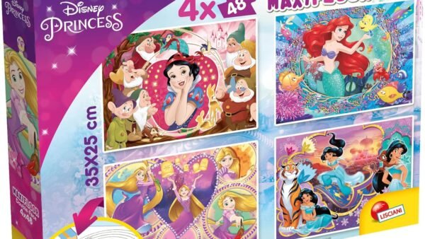 Lisciani - DISNEY PRINCESSES - 4 Puzzles pour Enfants dès 4 ans - 4 x 48 pièces - MaxiFloor 35x25 cm - Puzzles 2 en 1 - Double Face avec Verso à Colorier - Jeux Educatifs Favorisant la Concentration