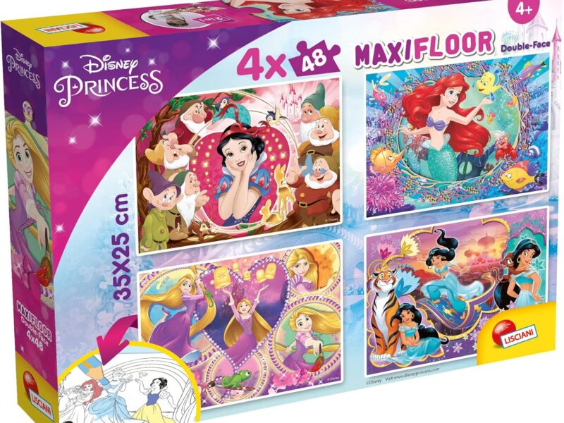 Lisciani - DISNEY PRINCESSES - 4 Puzzles pour Enfants dès 4 ans - 4 x 48 pièces - MaxiFloor 35x25 cm - Puzzles 2 en 1 - Double Face avec Verso à Colorier - Jeux Educatifs Favorisant la Concentration
