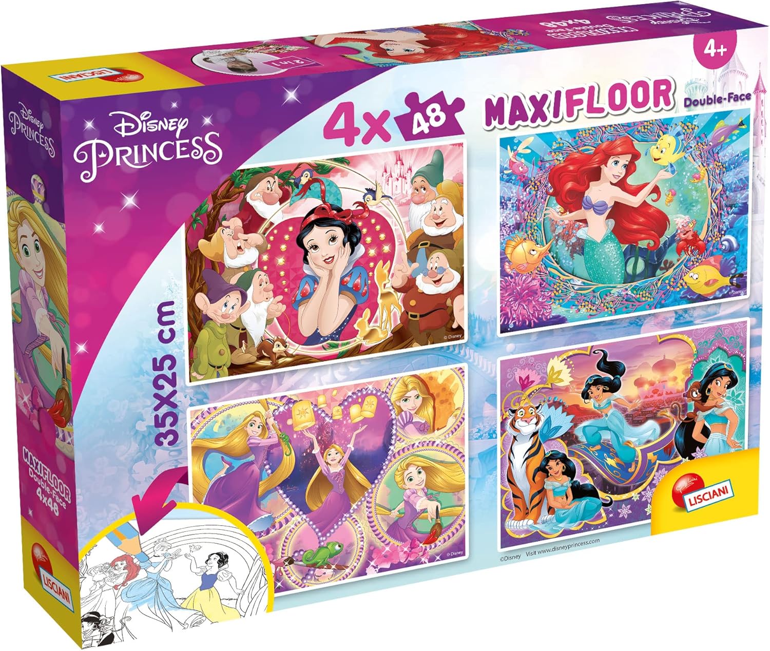 Lisciani - DISNEY PRINCESSES - 4 Puzzles pour Enfants dès 4 ans - 4 x 48 pièces - MaxiFloor 35x25 cm - Puzzles 2 en 1 - Double Face avec Verso à Colorier - Jeux Educatifs Favorisant la Concentration