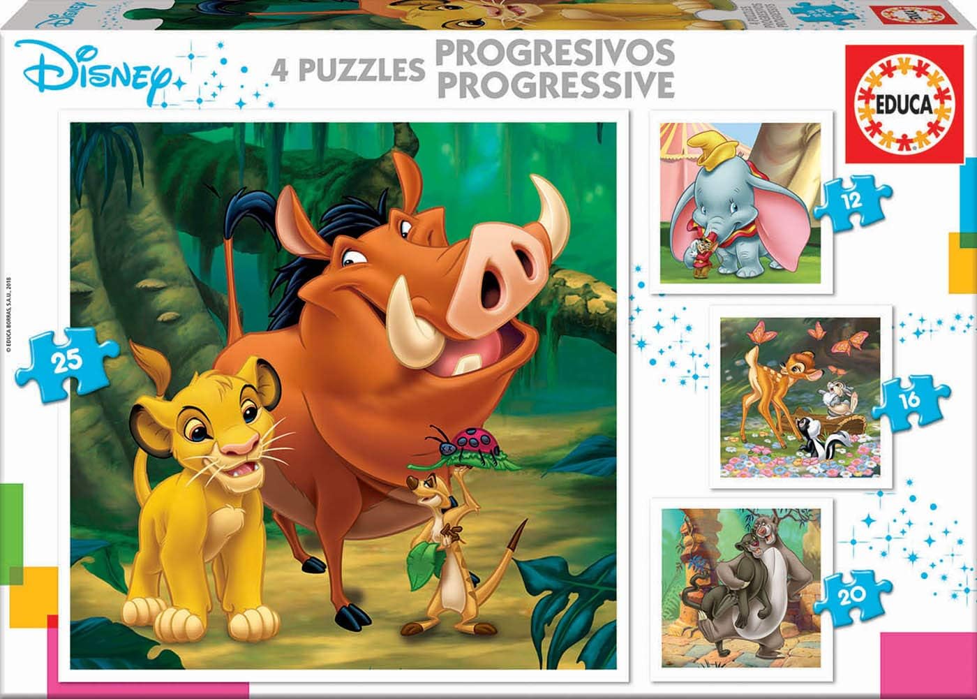 Educa - Animaux Disney. 4 Puzzles Enfant Progressifs, 12/16/20/25 pièces. Recommandé à partir de 3 Ans (18104)