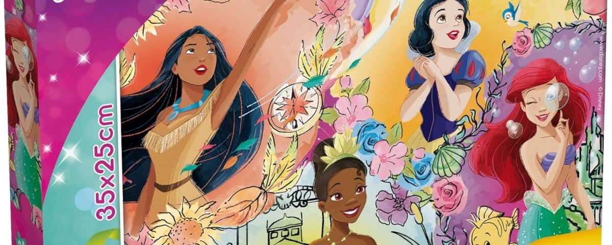Lisciani - Disney Princesses Puzzle - 24 Pièces- pour Enfant dès 3 Ans- Puzzle avec Double Face à Colorier avec des Princesses Disney Dont Pocahontas, Blanche Neige, Ariel et Tiana