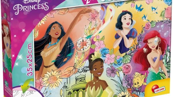 Lisciani - Disney Princesses Puzzle - 24 Pièces- pour Enfant dès 3 Ans- Puzzle avec Double Face à Colorier avec des Princesses Disney Dont Pocahontas, Blanche Neige, Ariel et Tiana