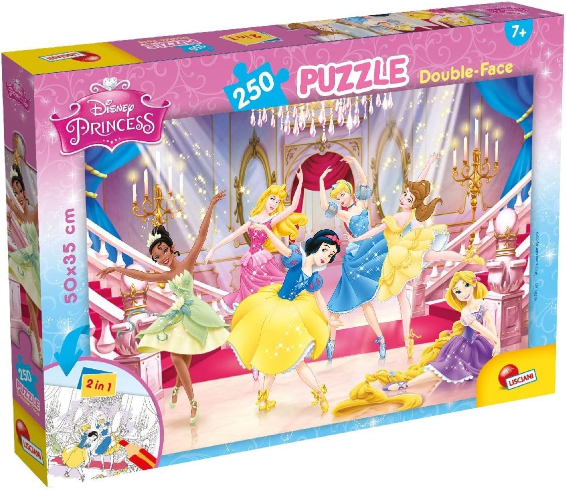 Lisciani - Puzzle Disney Princesses 2 en 1 - 250 pièces - Maxi Puzzle 50 x 35 cm - Double Face avec Verso à Colorier - Pour Enfants dès 6 ans - Feutres Inclus pour Coloriage - Fabriqué En Italie