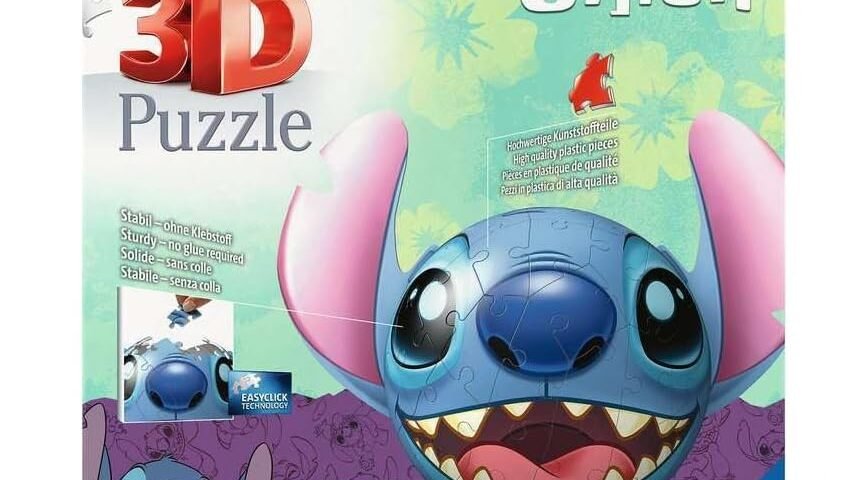 Ravensburger - Puzzle 3D Ball - Disney Stitch - A partir de 6 Ans - 77 pièces numérotées à Assembler sans Colle - Support et Accessoires de Finition Inclus - Diamètre : 13 cm - 11574