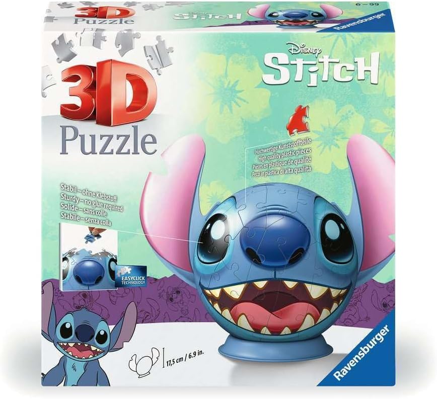 Ravensburger - Puzzle 3D Ball - Disney Stitch - A partir de 6 Ans - 77 pièces numérotées à Assembler sans Colle - Support et Accessoires de Finition Inclus - Diamètre : 13 cm - 11574