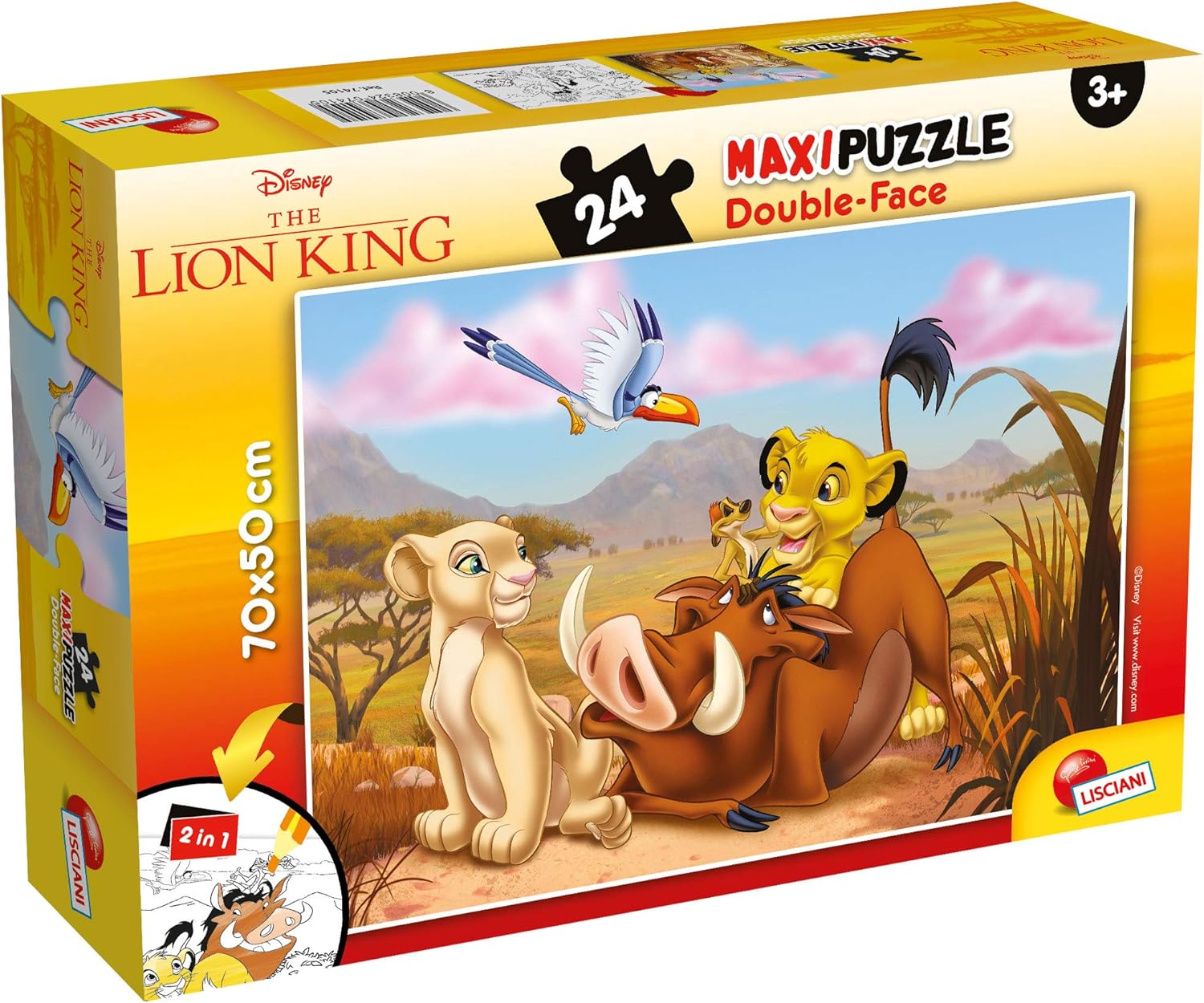Lisciani - Puzzle Disney 2 en 1 - Roi Lion - Puzzle Géant 70 x 50cm de 24 pièces - Pour Enfants dès 3 ans - Double Face avec Verso à Colorier - Feutres Inclus pour Coloriage - Fabriqué En Italie