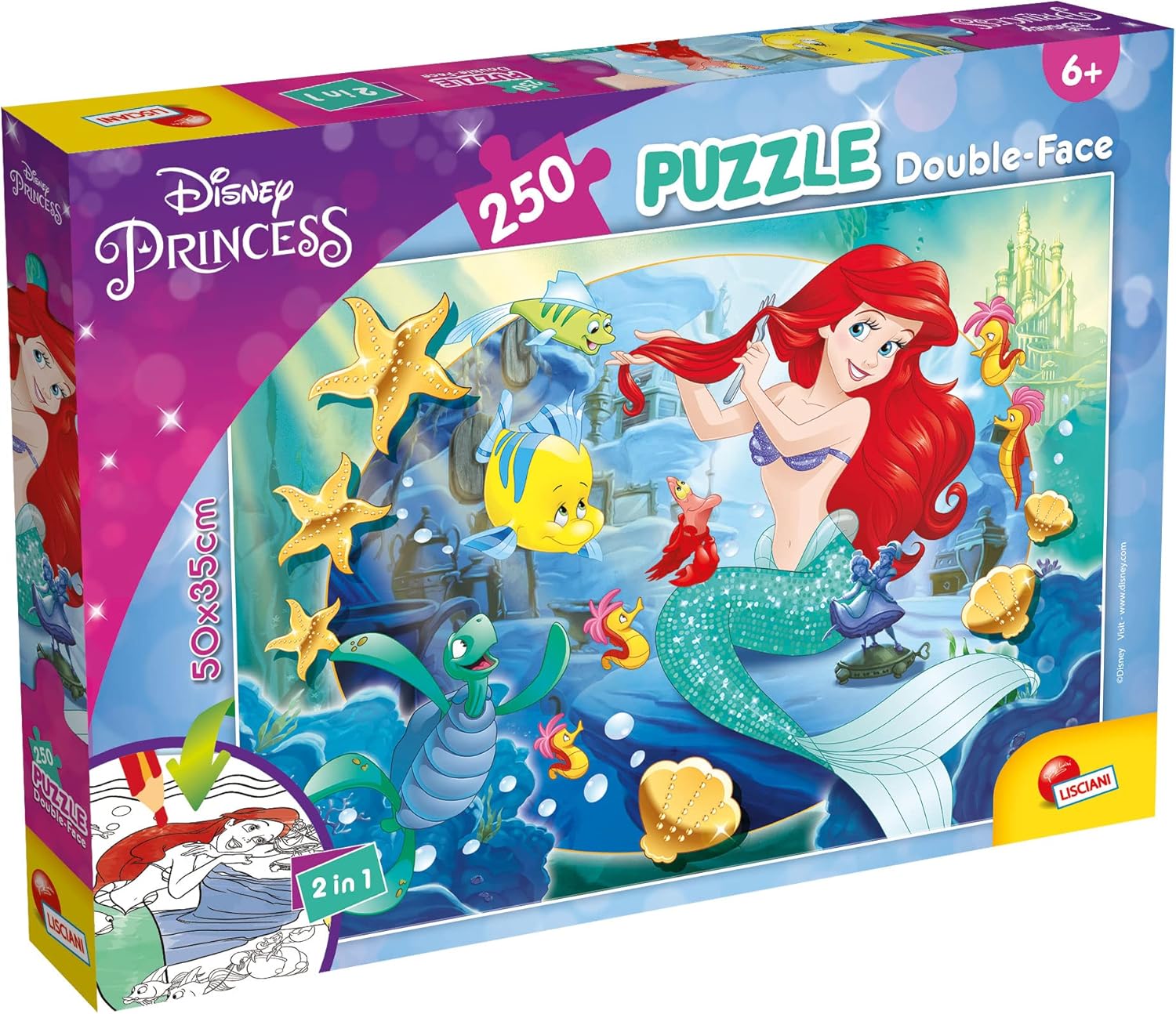 Lisciani, Puzzle pour enfants a partir de 7 ans, 250 pièces, 2 en 1 Double Face Recto / Verso avec le dos à colorier - Disney La Petite Sirene - 91706, Non Applicable.