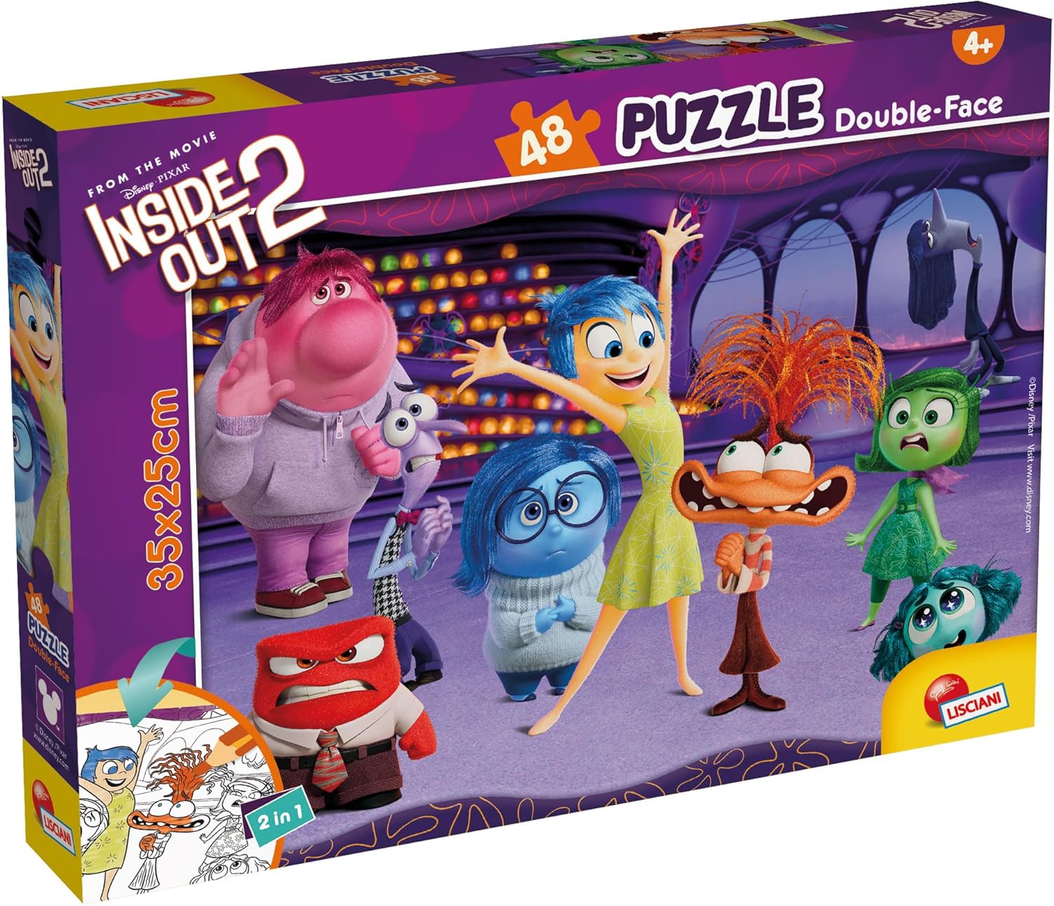 Lisciani - DISNEY VICE-VERSA 2 - Puzzle 48 Pièces - Pour les Enfants dès 4 ans - Puzzle 2 en 1 Maxi Double Face - 35x25cm - Verso à Colorier - Idée Cadeau Anniversaire - Coloriage - INSIDE OUT 2