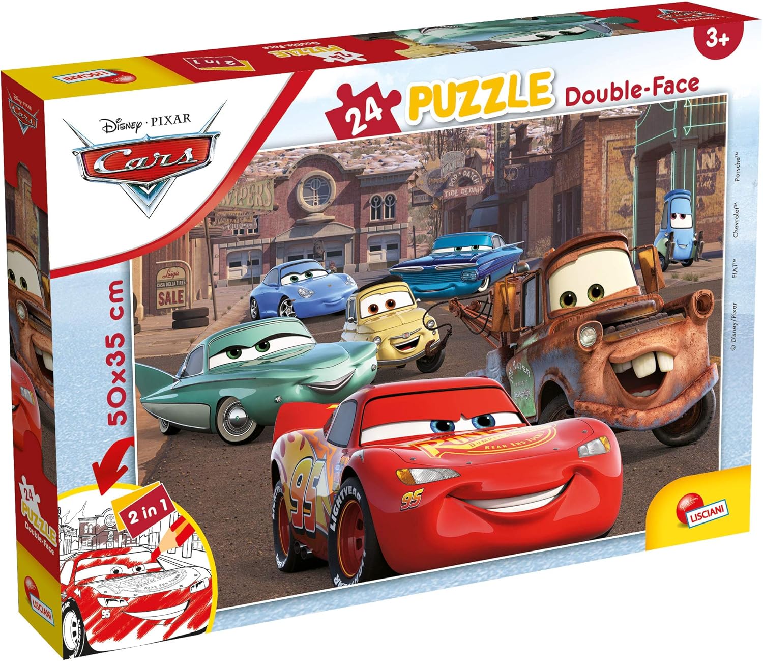 Lisciani - Puzzle Disney Cars - 24 Pièces - Jeu Créatif - Jeu de Réflexion - Plusieurs Personnages - Double Face - 2 en 1 - Puzzle et Coloriage - 50 x 35 Cm - Pour Enfants à Partir de 3 ans
