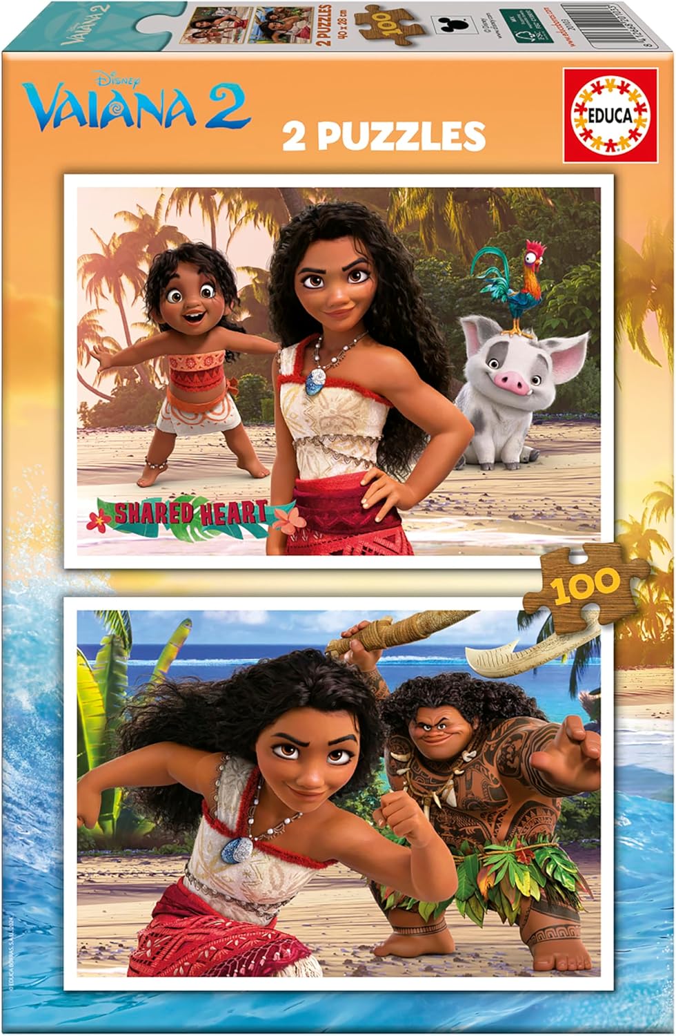 Educa - 2 Puzzles en Carton de 100 pièces avec Les Images de Moana 2, Double Plaisir. Dimensions : 40 x 28 cm. De 6 7 8 Ans (20103)