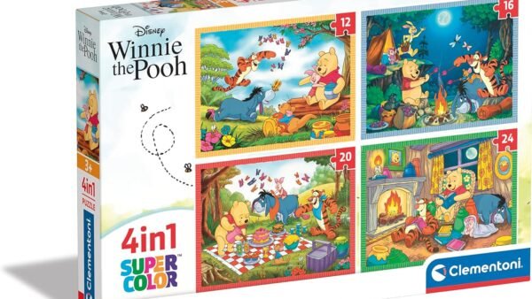 Clementoni Supercolor 4 in 1-Disney Winnie The Pooh Progressifs (12, 16, 20, 24 Pièces), Enfants 3 Ans, Puzzle Dessin Animé-Fabriqué en Italie, 21514