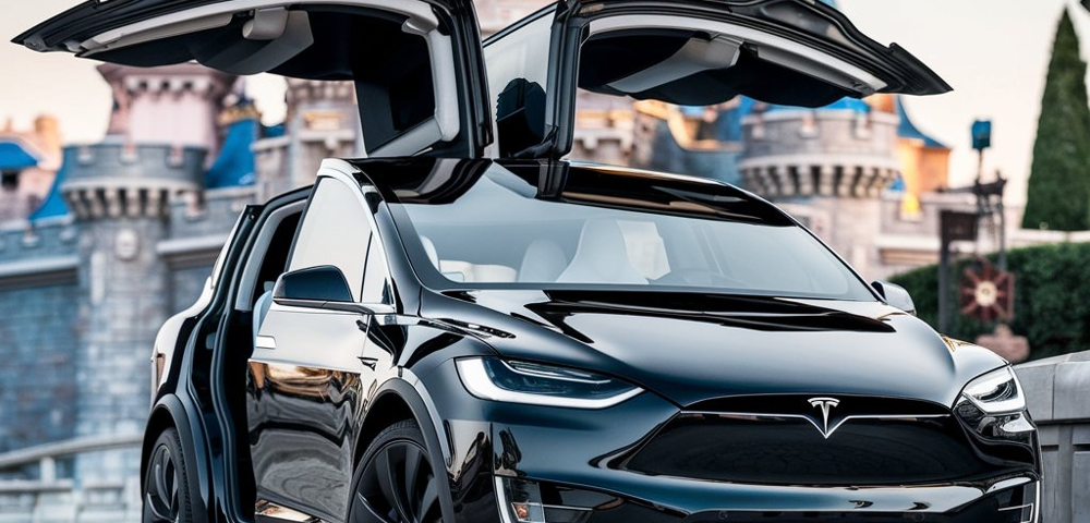 Une Tesla noire avec des portes papillon ouvertes est garée devant un château aux flèches bleues, créant une scène magique qui semble tout droit sortie d'un parc à thème : un brouillon automobile qui prend vie.