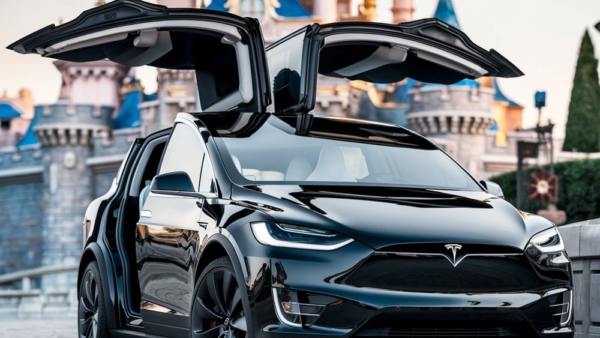Une Tesla noire avec des portes papillon ouvertes est garée devant un château aux flèches bleues, créant une scène magique qui semble tout droit sortie d'un parc à thème : un brouillon automobile qui prend vie.