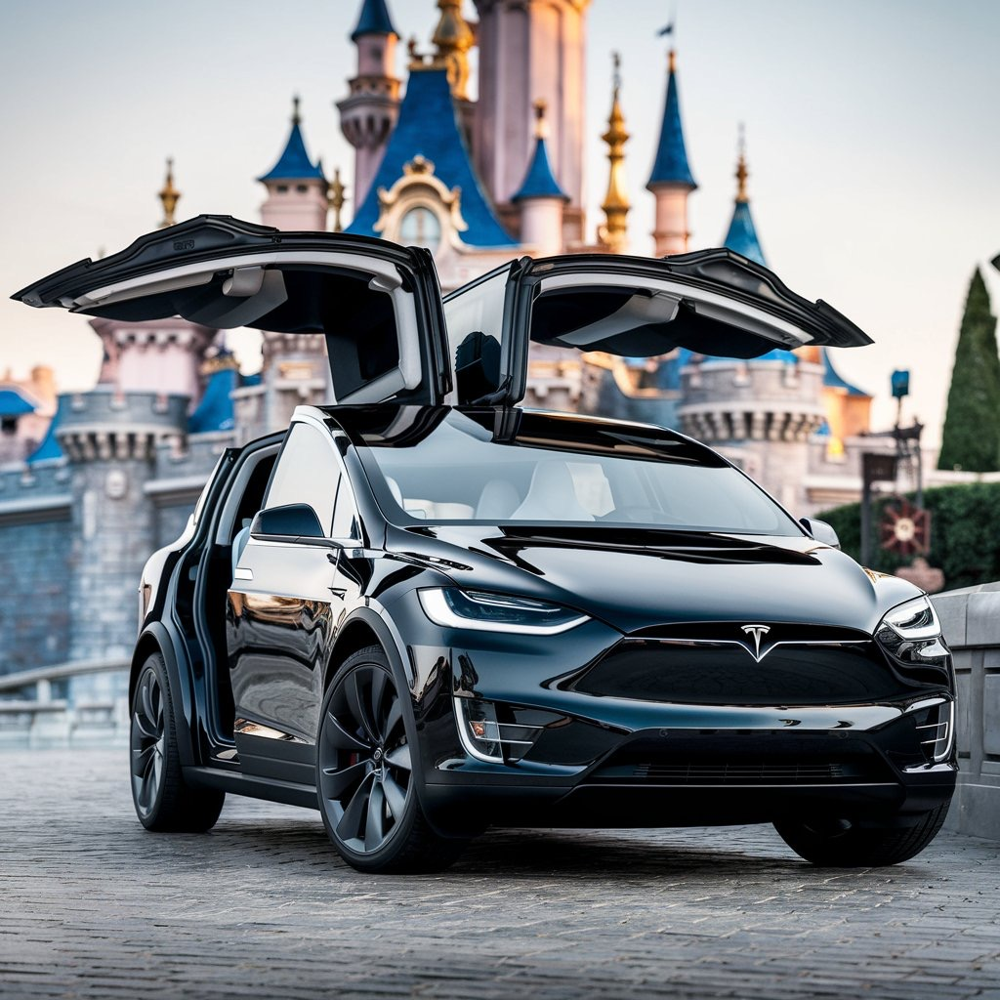 Une Tesla noire avec des portes papillon ouvertes est garée devant un château aux flèches bleues, créant une scène magique qui semble tout droit sortie d'un parc à thème : un brouillon automobile qui prend vie.