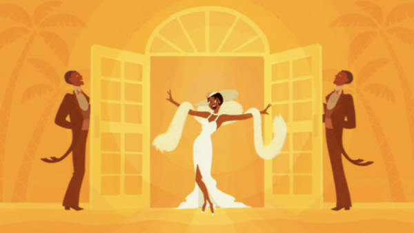 Une femme vêtue d'une robe blanche et d'un boa en plumes se tient au bout du rêve, encadrée par des portes ouvertes et deux hommes en smoking, sur un fond orange vif et stylisé avec des palmiers.