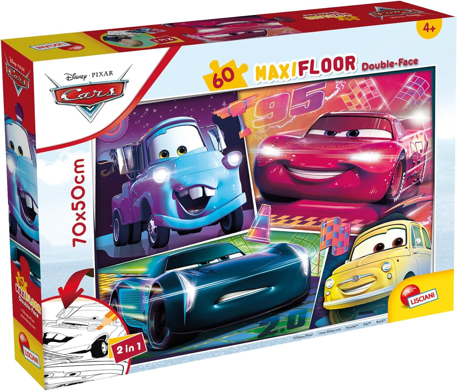 Disney, Maxi Puzzle pour enfants à partir de 4 ans, 60 pièces, 2 en 1 Double Face Recto / Verso avec le dos à colorier - Disney Cars 3 64007