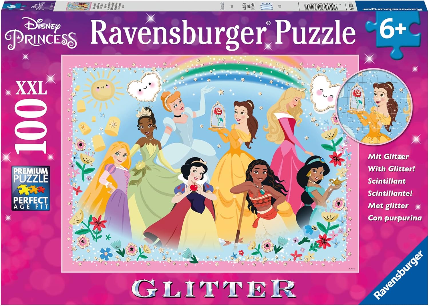 Ravensburger - Puzzle Enfant - Puzzle 100 p XXL - Fortes, Belles et courageuses/Disney Princesses (Collection Paillettes) - Dès 6 Ans - 13326