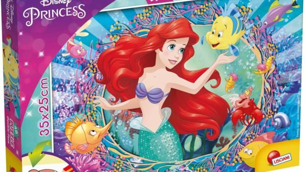 Lisciani - DISNEY - Puzzle Ariel - 48 Pièces - Pour Enfants Dès 4 Ans - Puzzle Double Face avec Verso à Colorier - 35x25 cm - Stimule la Réflexion et la Patience - Fabriqué en Italie