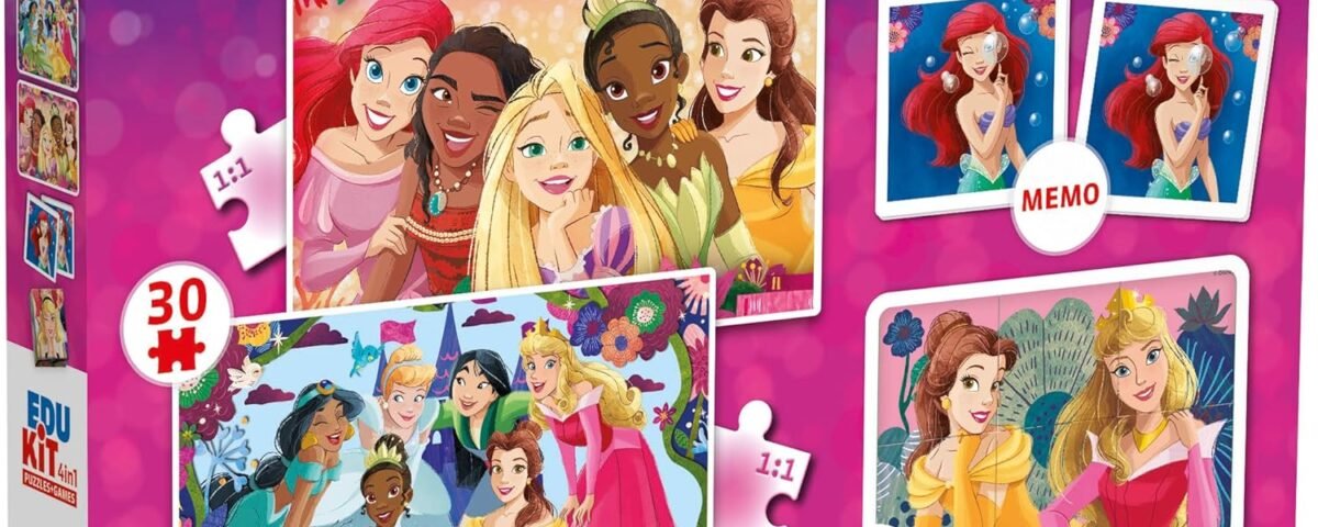Clementoni Jouet Éducatif 4 in 1 Disney Princess (Enfants Puzzle 30 Pieces and 48 Pieces, 6 Cubes, 1 Memo), pour Enfants 3-5 Ans, Fabriqué en Italie, 18297