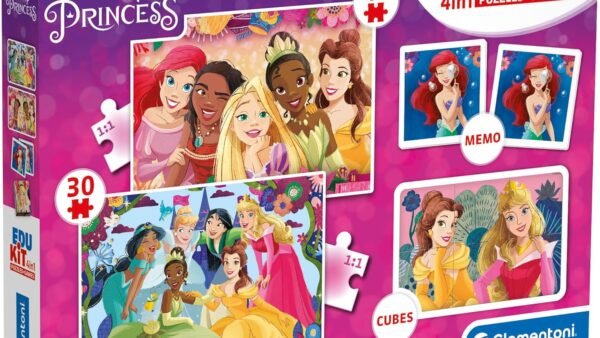 Clementoni Jouet Éducatif 4 in 1 Disney Princess (Enfants Puzzle 30 Pieces and 48 Pieces, 6 Cubes, 1 Memo), pour Enfants 3-5 Ans, Fabriqué en Italie, 18297