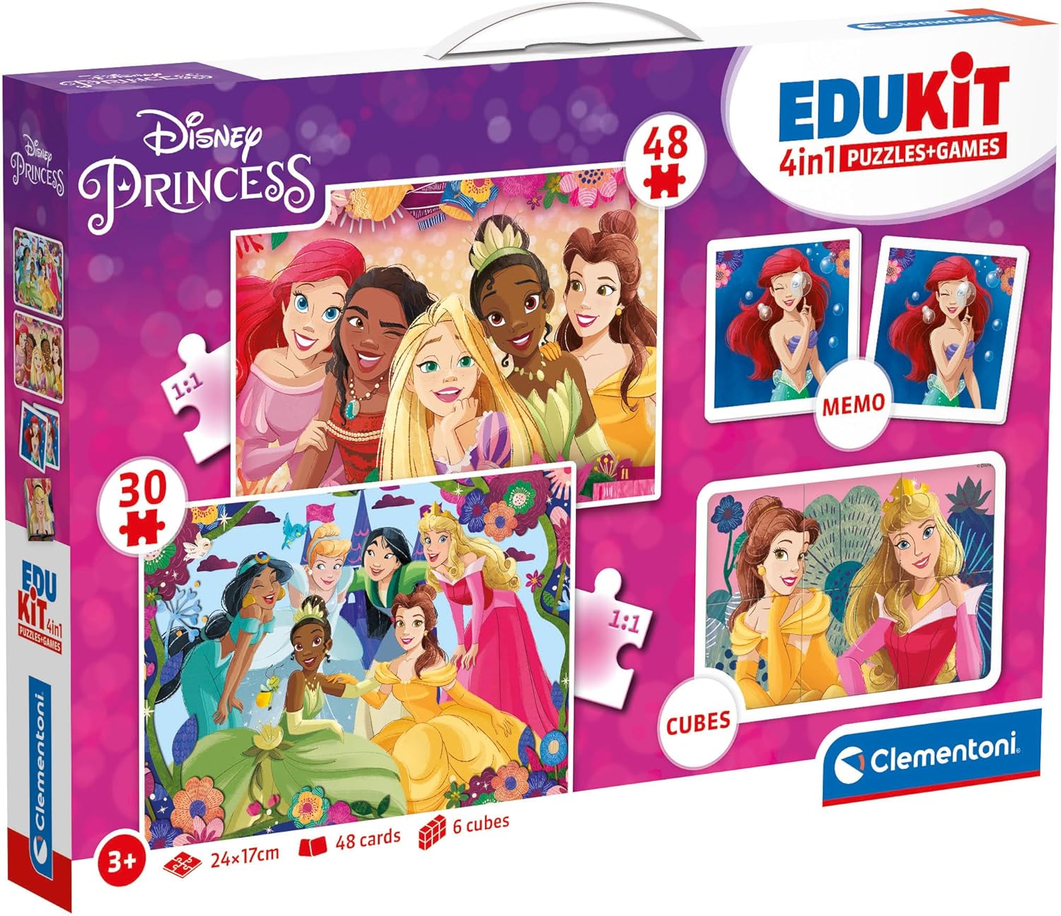 Clementoni Jouet Éducatif 4 in 1 Disney Princess (Enfants Puzzle 30 Pieces and 48 Pieces, 6 Cubes, 1 Memo), pour Enfants 3-5 Ans, Fabriqué en Italie, 18297