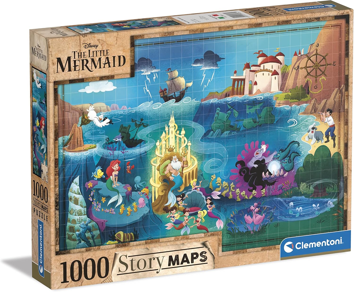 Clementoni - 39664 - Puzzle Disney Story Maps Little Mermaid - Puzzle Adulte 1000 pièces, Puzzle Personnage Disney, Puzzle Dessin animé, Puzzle Princesse - fabriqué en Italie