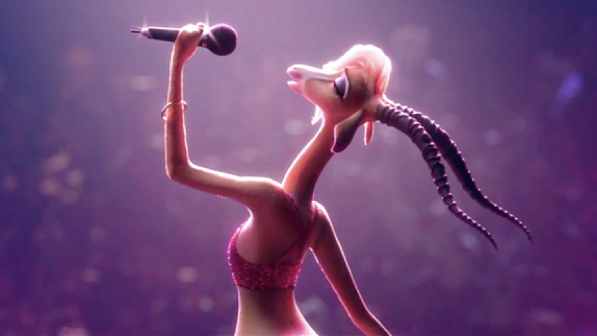 Un personnage de gazelle animé portant une tenue rouge scintillante tient un microphone et chante « Try Everything » sur scène sous des lumières vives.