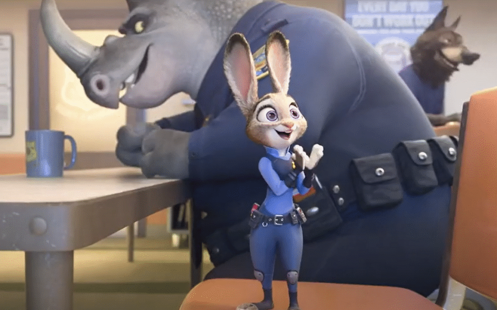 Un lapin animé en uniforme de police se tient debout et applaudit devant un rhinocéros assis, tous deux à l'intérieur d'un poste de police, célébrant leur travail d'équipe alors qu'ils tentent tout pour résoudre l'affaire.