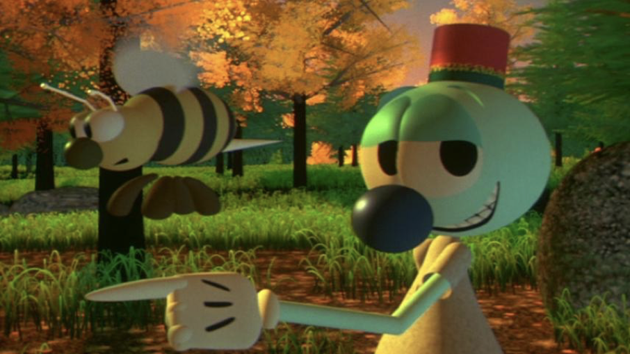Un personnage de dessin animé avec un nez bleu et un chapeau rouge, stylisé à la manière de Pixar, pointe vers l'avant dans une forêt tandis qu'une grosse abeille plane à proximité parmi des arbres aux feuilles orange.