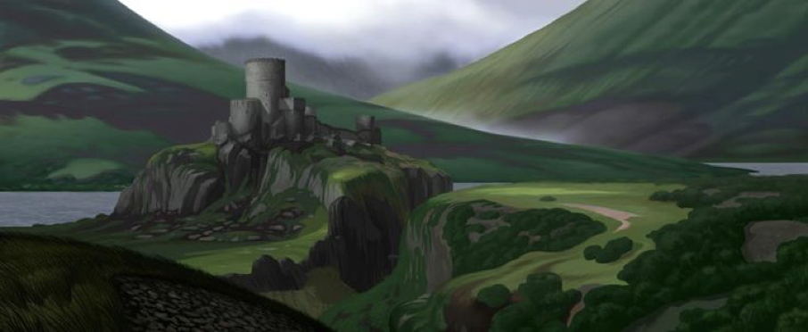 Un château de pierre se dresse au sommet d'une colline rocheuse, s'élevant vers le ciel, entouré de collines verdoyantes et d'un chemin sinueux, avec un lac et des nuages en arrière-plan.