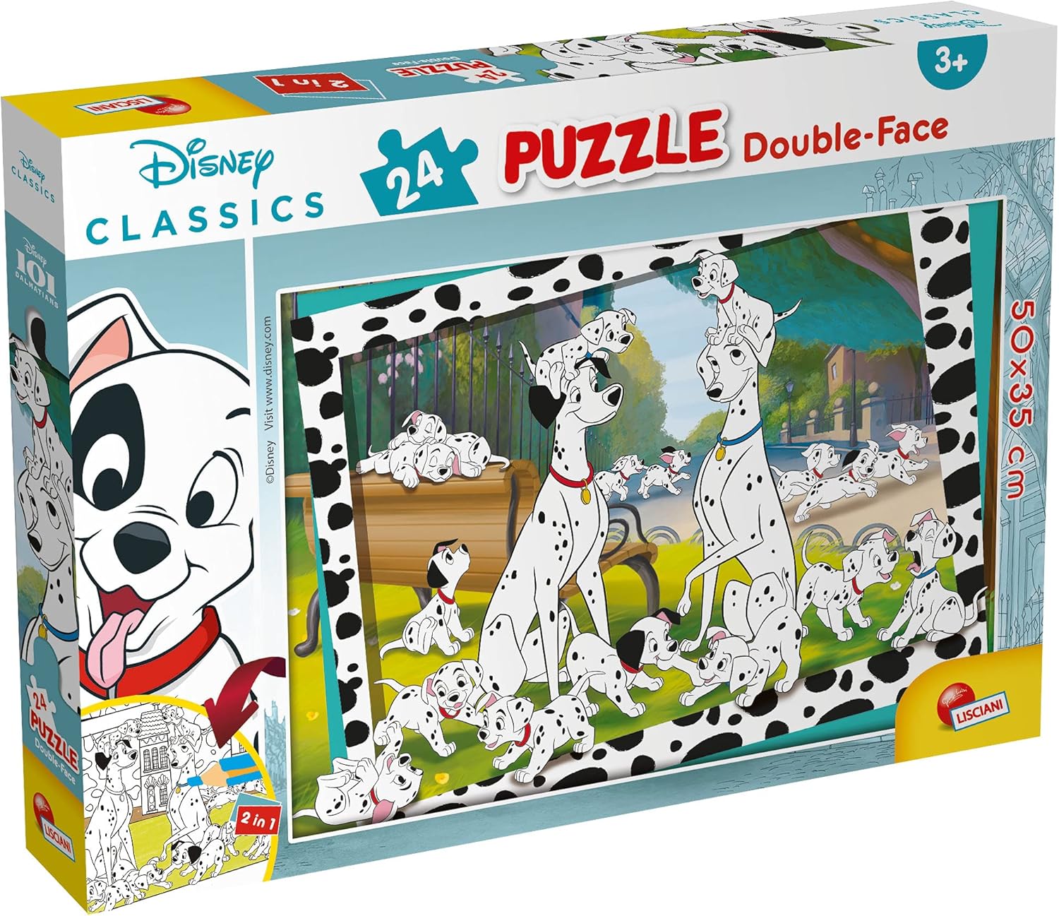 Liscianigiochi, Puzzle pour enfants à partir de 3 ans, 24 pièces, 2 en 1 Double Face Recto / Verso avec le dos à colorier - Disney 101 Dalmatiens 86214