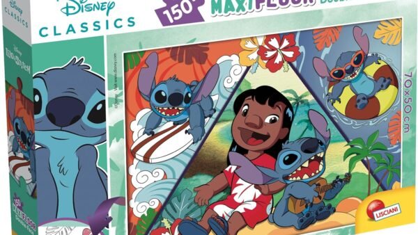 Lisciani - DISNEY LILO & STITCH Puzzle MaxiFloor - 150 Pièces - Pour Enfants dès 6 ans - 50x70cm - Grand Puzzle Exploration Tropicale avec Lilo et Stitch - Développe Réflexion et Dextérité