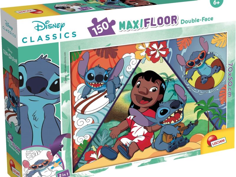 Lisciani - DISNEY LILO & STITCH Puzzle MaxiFloor - 150 Pièces - Pour Enfants dès 6 ans - 50x70cm - Grand Puzzle Exploration Tropicale avec Lilo et Stitch - Développe Réflexion et Dextérité