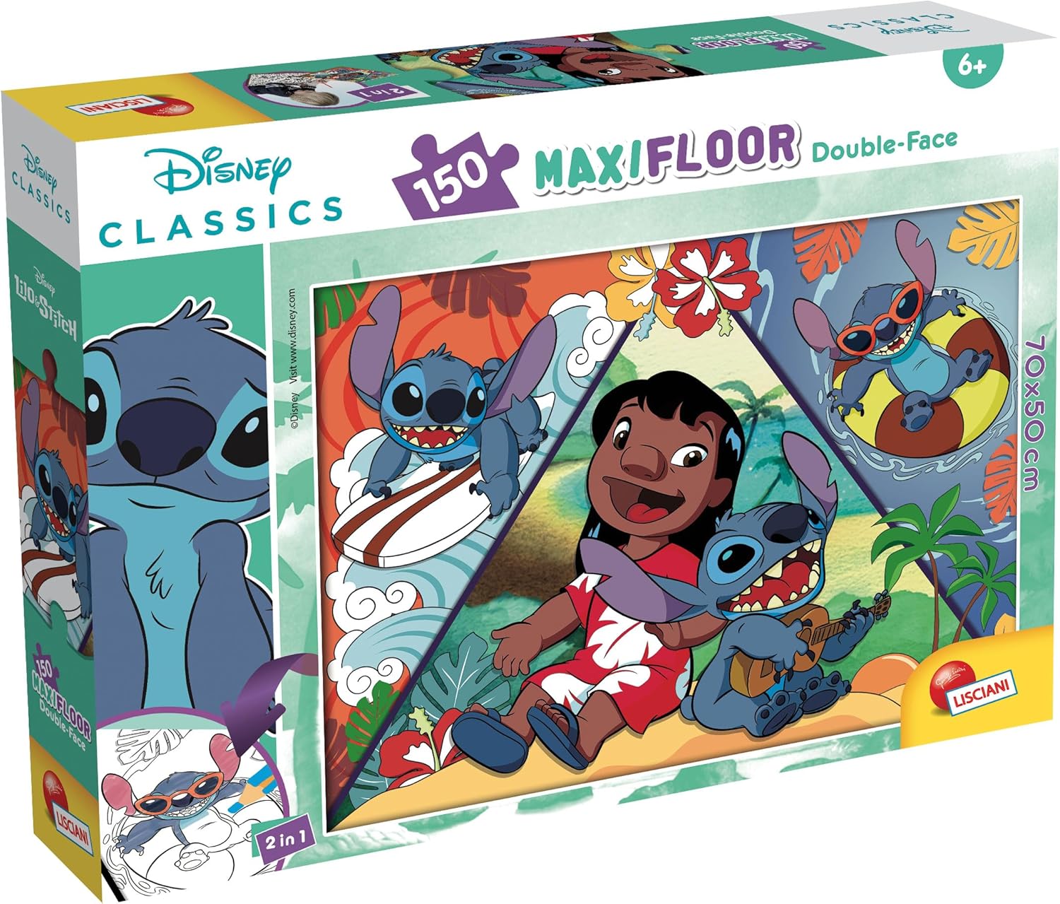 Lisciani - DISNEY LILO & STITCH Puzzle MaxiFloor - 150 Pièces - Pour Enfants dès 6 ans - 50x70cm - Grand Puzzle Exploration Tropicale avec Lilo et Stitch - Développe Réflexion et Dextérité