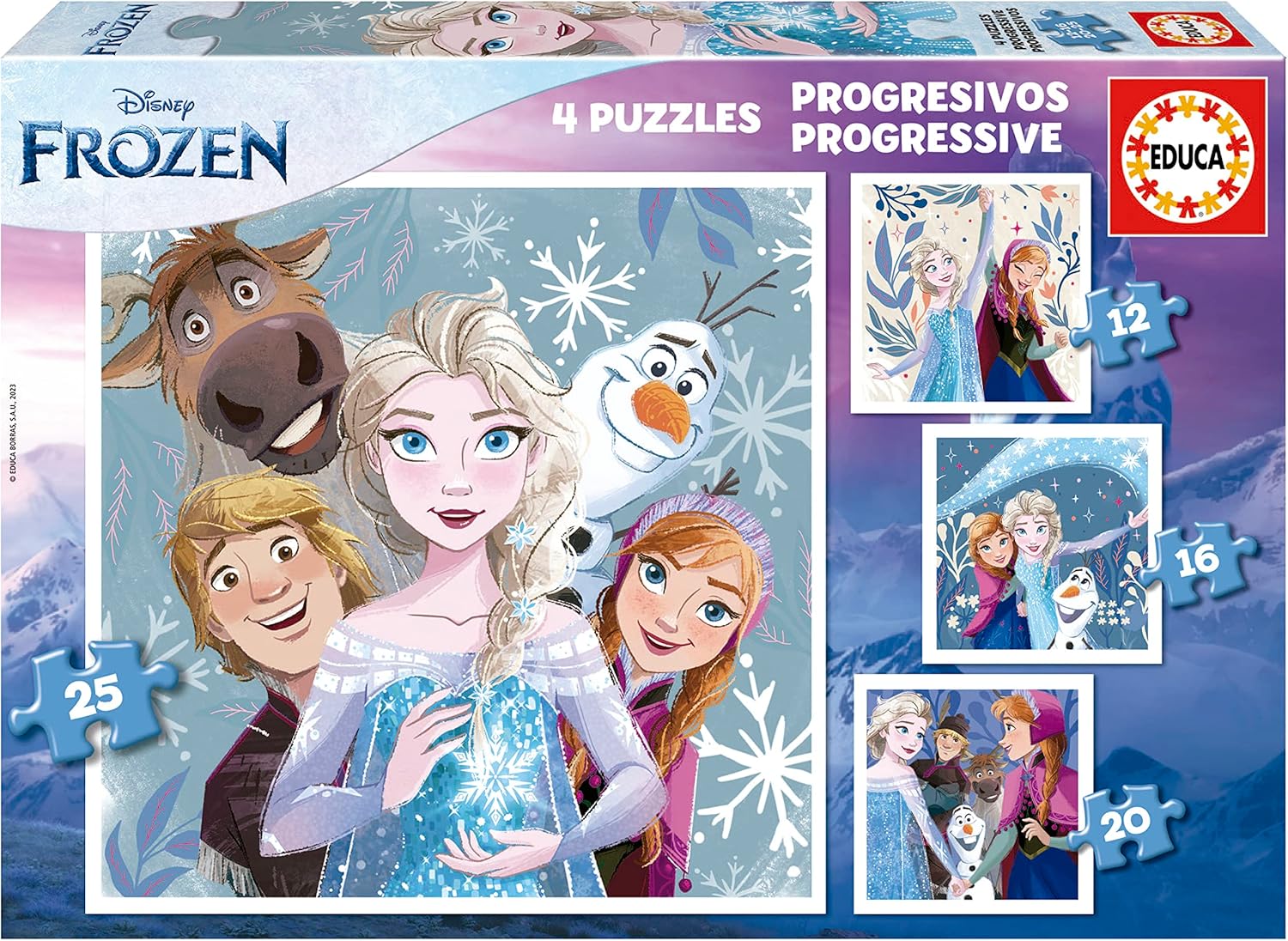Educa - Lot de 4 Puzzles progressifs pour Enfants de 12 à 25 pièces avec des Images de Frozen et de Ses Amis. Dimensions : 16 x 16 cm. Recommandé pour Les Enfants de 3 Ans et Plus (19735)