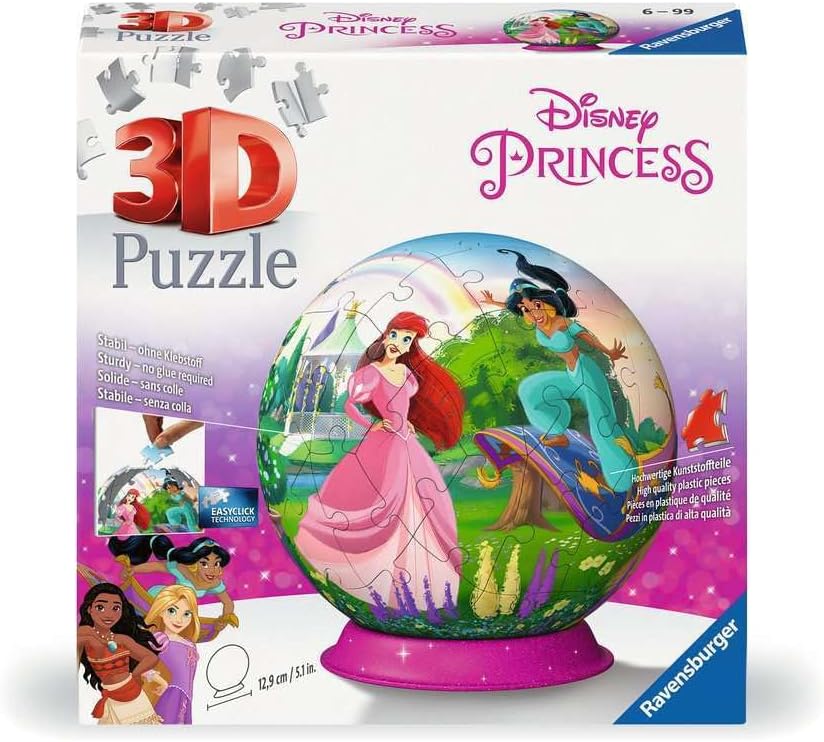 Ravensburger - Puzzle 3D Ball - Disney Princesses - A partir de 6 Ans - 72 pièces numérotées à Assembler sans Colle - Support Inclus - Diamètre : 13 cm - 11579