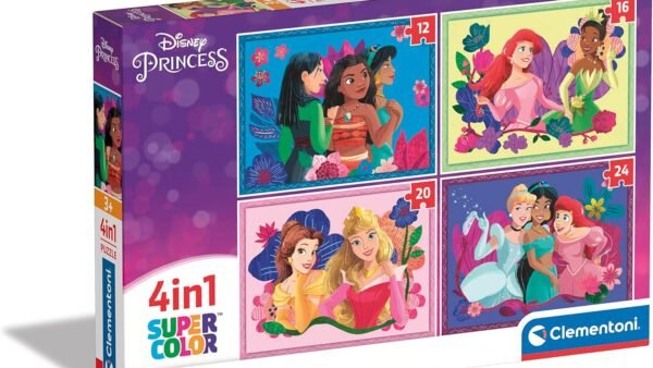 Clementoni Supercolor 4 in 1-Disney Princess Progressifs (12, 16, 20, 24 Pièces), Enfants 3 Ans, Puzzle Dessin Animé-Fabriqué en Italie, 21517