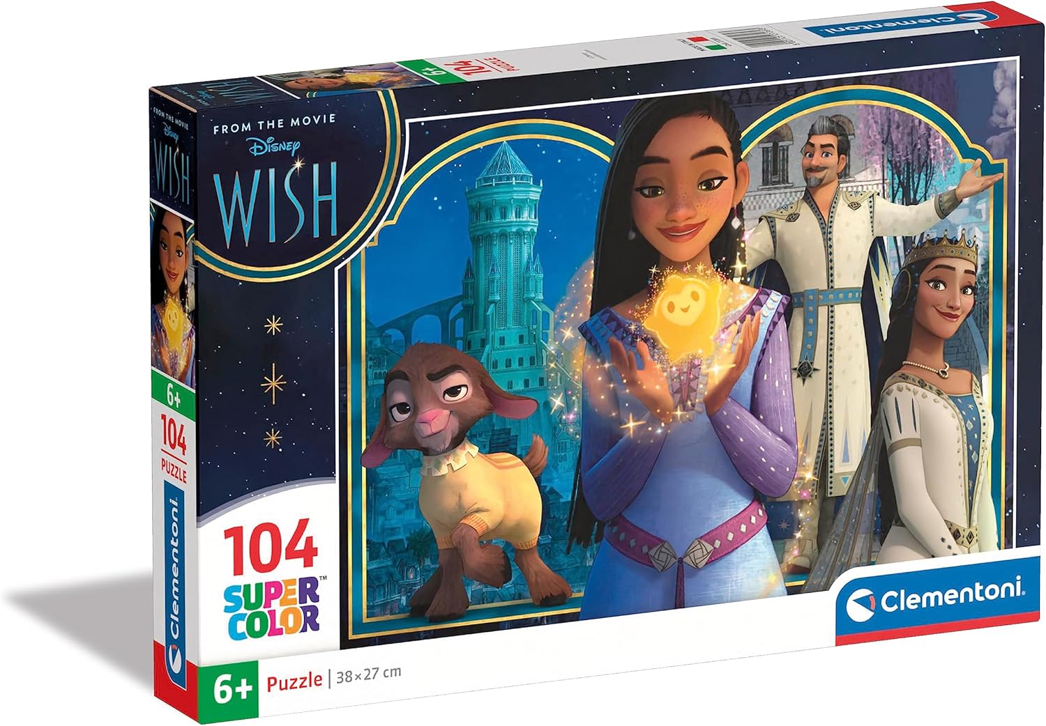 Clementoni- Puzzle Supercolor Collection Disney Wish 104 Pièces - Puzzle Dessin Animé - Développe la Motricité et Le Sens de l'Observation - 37.9 x 26.9 cm - Fabriqué en Italie - Dès 6 Ans - 27269