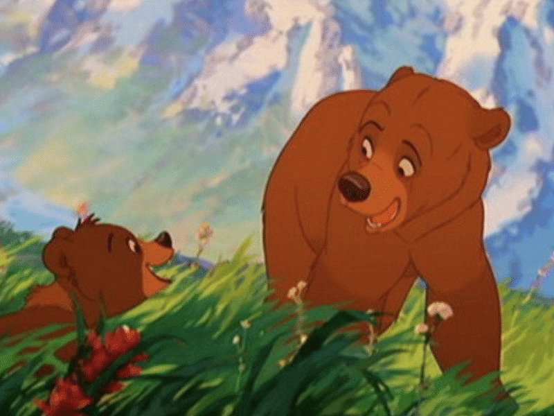 Deux ours bruns animés interagissent dans un champ d'herbe avec des fleurs colorées, avec pour toile de fond des sommets montagneux et un ciel bleu, rappelant Mon Frère Ours de la galaxie Disney.