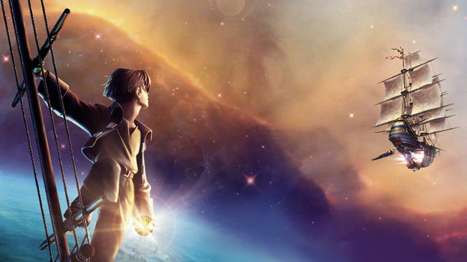 Un jeune homme se tient sur un navire, tenant une sphère lumineuse, regardant dans l'espace où un grand voilier flotte parmi les étoiles et les nuages cosmiques, comme dans une scène épique d'une aventure de Galaxie Disney.