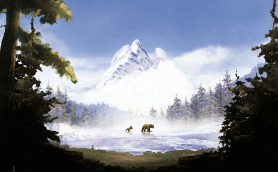 Un ours et son ourson traversent une clairière enneigée et brumeuse entourée d'arbres, avec un pic montagneux enneigé en arrière-plan, évoquant la magie de Mon Frère Ours de la galaxie Disney.