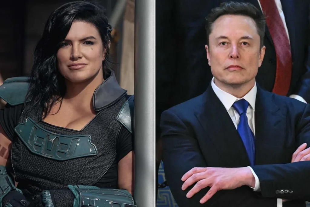 Une image partagée montre Gina Carano en armure futuriste à gauche et un homme en costume avec les bras croisés à droite, évoquant un contraste dynamique qui rappelle les mondes imaginatifs de Disney et d'Elon Musk.